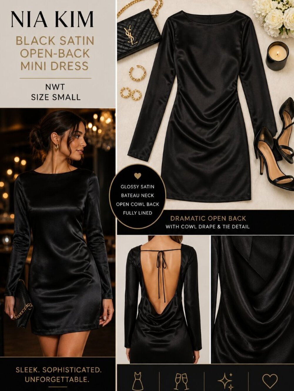 NIA KIM Open Back Satin Mini Dress Black NWT Cowl Back Party Cocktail Small